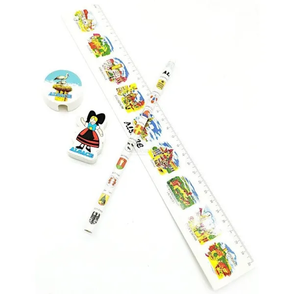 Papierstift-Set mit Radiergummi, Lineal und Bleistiftspitzer mit elsässischem Städtedekor