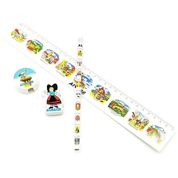 Paper pencil set with eraser, ruler and pencil sharpener with Alsatian towns decor