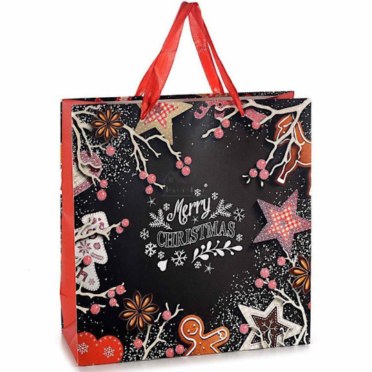 Sac en Papier Cadeau Noël et Pain d'Epices Anses en Satin