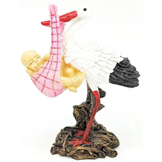 Ooievaar in kunsthars met baby in de bek 11 cm