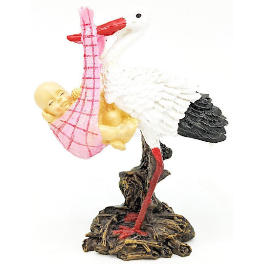 Resin stork carrying a baby in its beak 11 cm