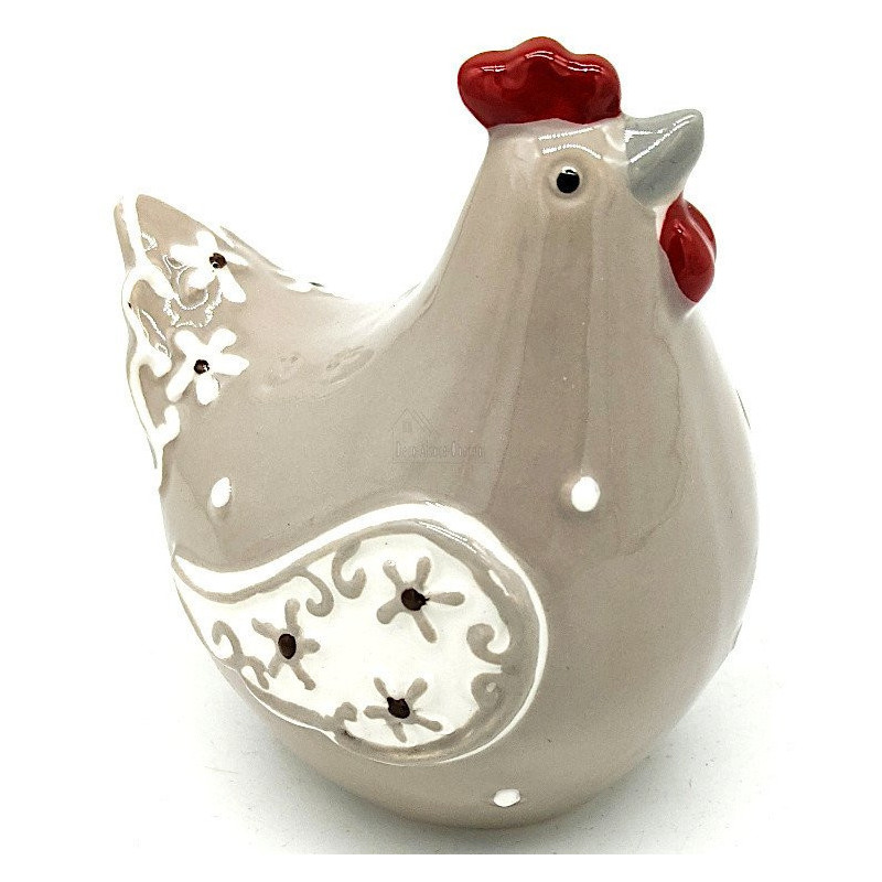 Poule en Céramique gris beige décorée