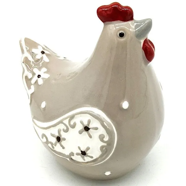 Poule en Céramique gris beige décorée