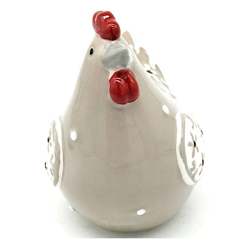 Poule en Céramique gris beige décorée