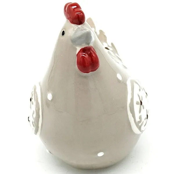 Poule en Céramique gris beige décorée