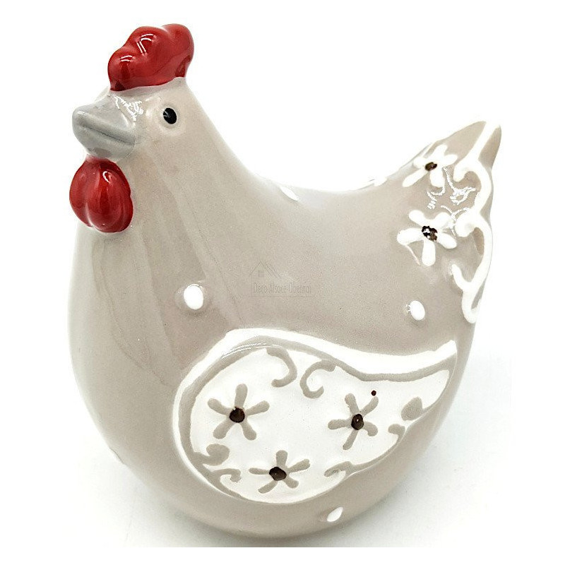 Poule en Céramique gris beige décorée