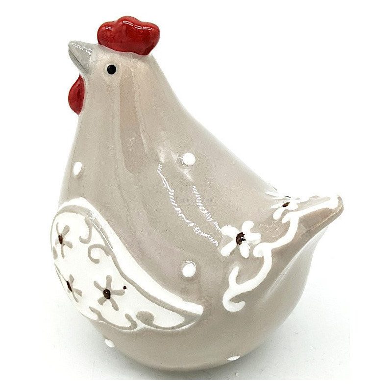 Poule en Céramique gris beige décorée