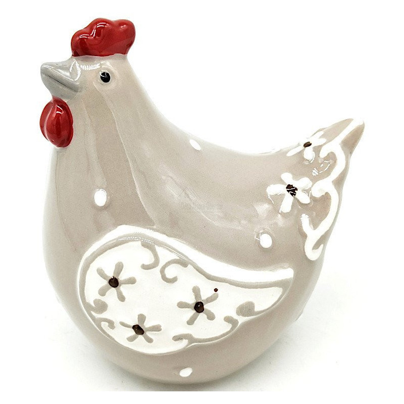 Poule en Céramique gris beige décorée