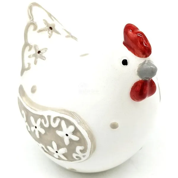Poule en Céramique blanche décorée