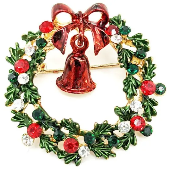 Broche Fantaisie métal doré Couronne de Noël Vert avec Strass