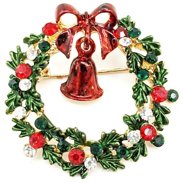 Gold metal fancy brooch Green Christmas wreath with rhinestones