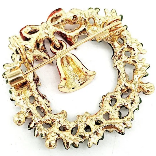 Broche Fantasie goudkleurig metaal Kerstmiskrans Groen met Strass