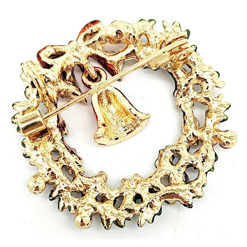 Broche Fantaisie métal doré Couronne de Noël Vert avec Strass