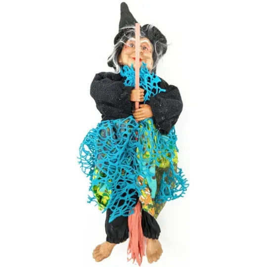 Heks Elzas om op te hangen met Zwart Gilet en Blauwe Franje 31 cm