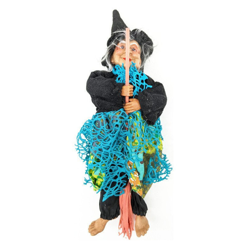 Sorcière d'Alsace à suspendre avec Gilet Noir et Franges Bleus 31 cm