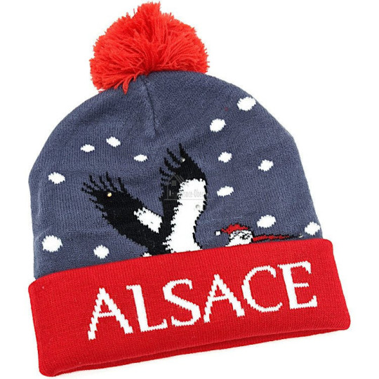 Bonnet à Pompon Alsace Gris-Rouge avec Led et Cigogne