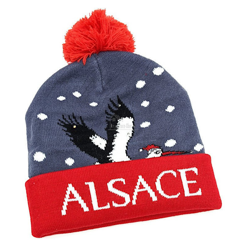 Hat with Pompom Alsace Gray-Red with Led and Stork