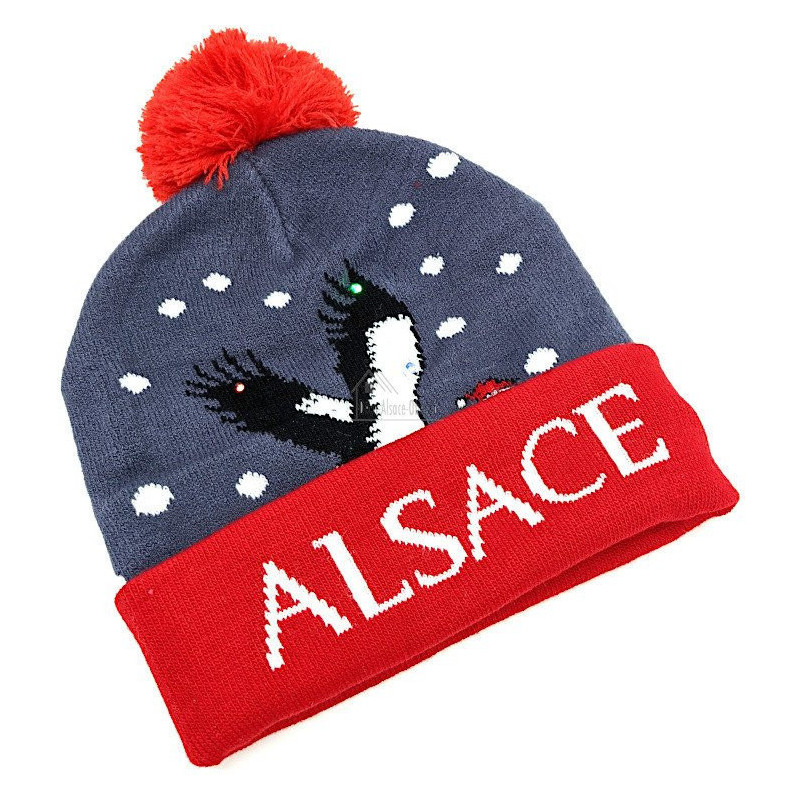 Hat with Pompom Alsace Gray-Red with Led and Stork