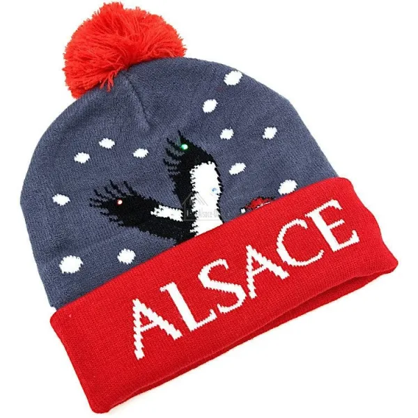 Bonnet à Pompon Alsace Gris-Rouge avec Led et Cigogne