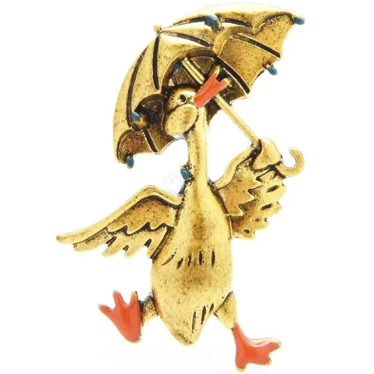 Broche Fantaisie métal doré Canard tenant un Parapluie