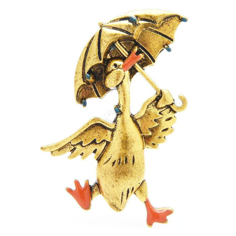 Gold Metal Fancy Brooch Duck Holding an Umbrella