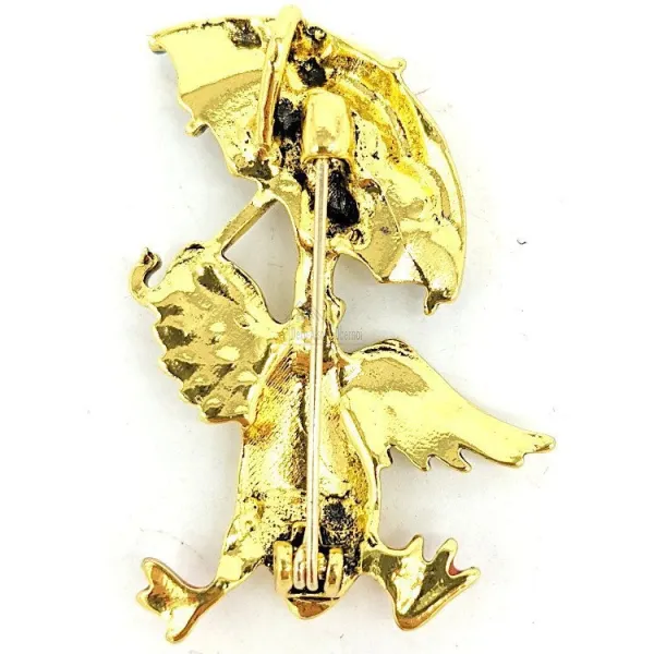 Broche Fantaisie métal doré Canard tenant un Parapluie