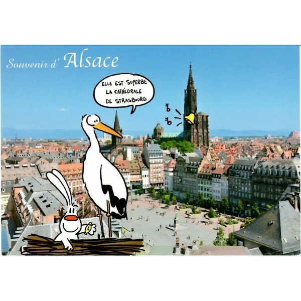 Humoristische Postkarte Storch und Straßburger Münster