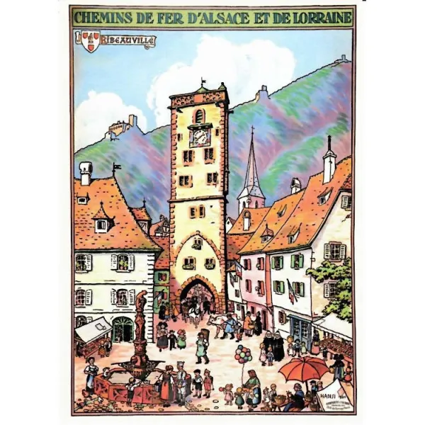 Postkarte Hansi Plakat der Eisenbahnen von Elsass und Lothringen von Ribeauvillé