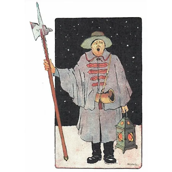 Postkarte Hansi der Nachtwächter in einem elsässischen Dorf
