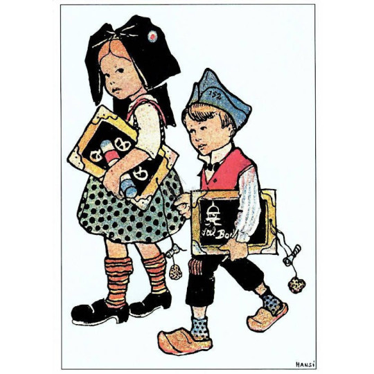 Postkarte Hansi Kinder gehen mit Kunstmaterial spazieren