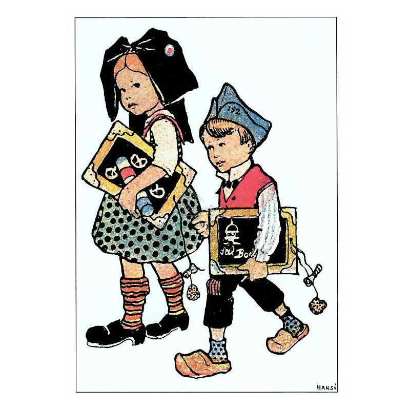 Postkarte Hansi Kinder gehen mit Kunstmaterial spazieren