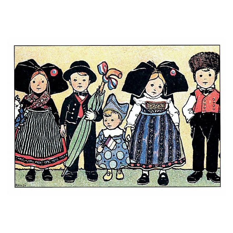 Postkarte Hansi Kinder in traditionellen elsässischen Kostümen