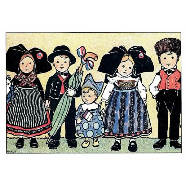 Carte Postale Hansi Enfants en Costumes Traditionnels d'Alsace