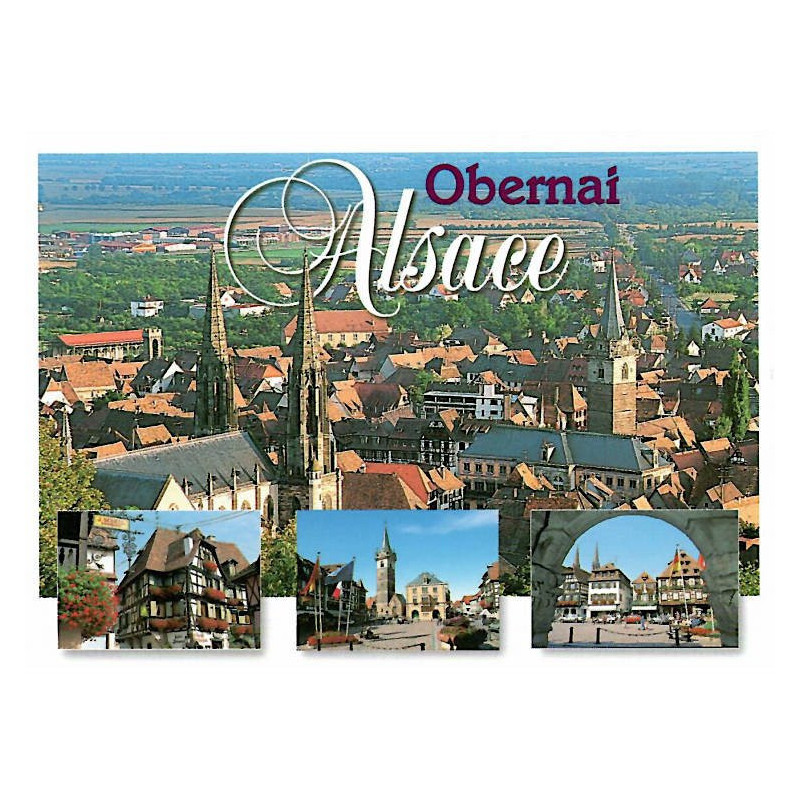 Postkarte Gesamtansicht von Obernai, Blumengeschmückte Häuser und Marktplatz