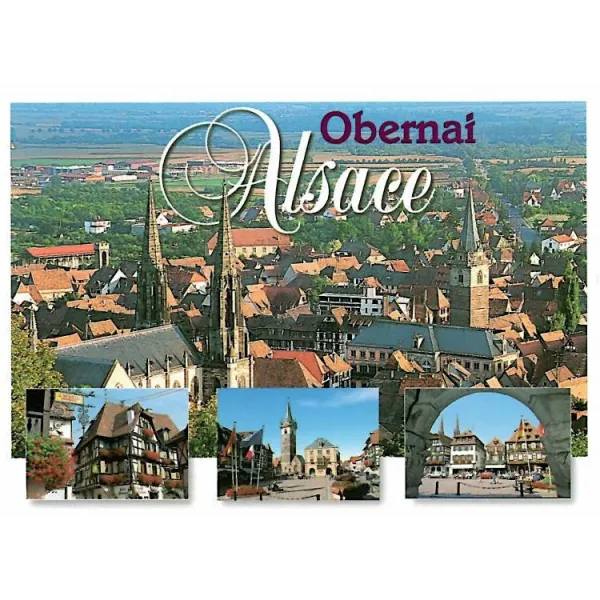 Postkarte Gesamtansicht von Obernai, Blumengeschmückte Häuser und Marktplatz