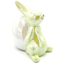 Lapin décoratif en Céramique brillante Vert assis contre un Oeuf