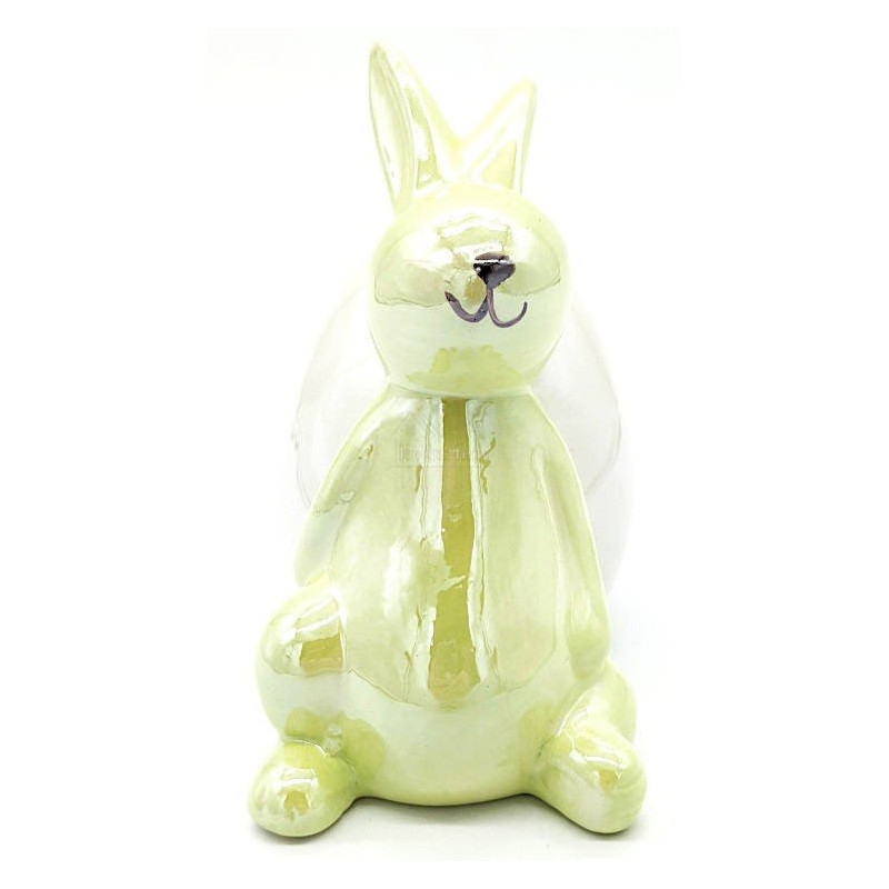 Lapin décoratif en Céramique brillante Vert assis contre un Oeuf