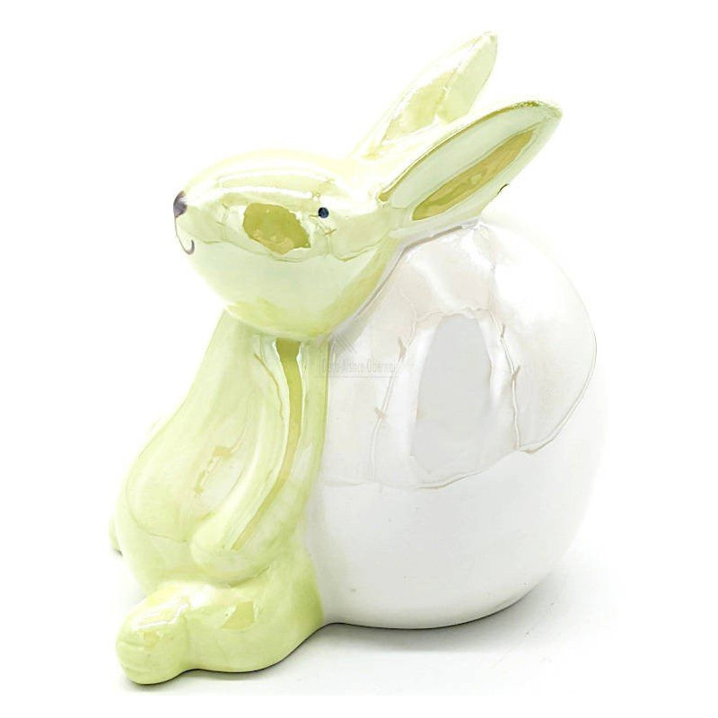 Lapin décoratif en Céramique brillante Vert assis contre un Oeuf