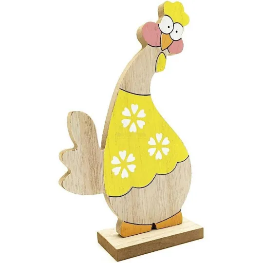 Decoratieve Houten Kip om neer te zetten, geel
