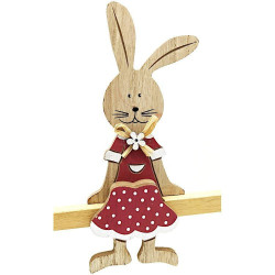 Lapin assis en Bois avec Noeud de Rafia et Fleur décorative