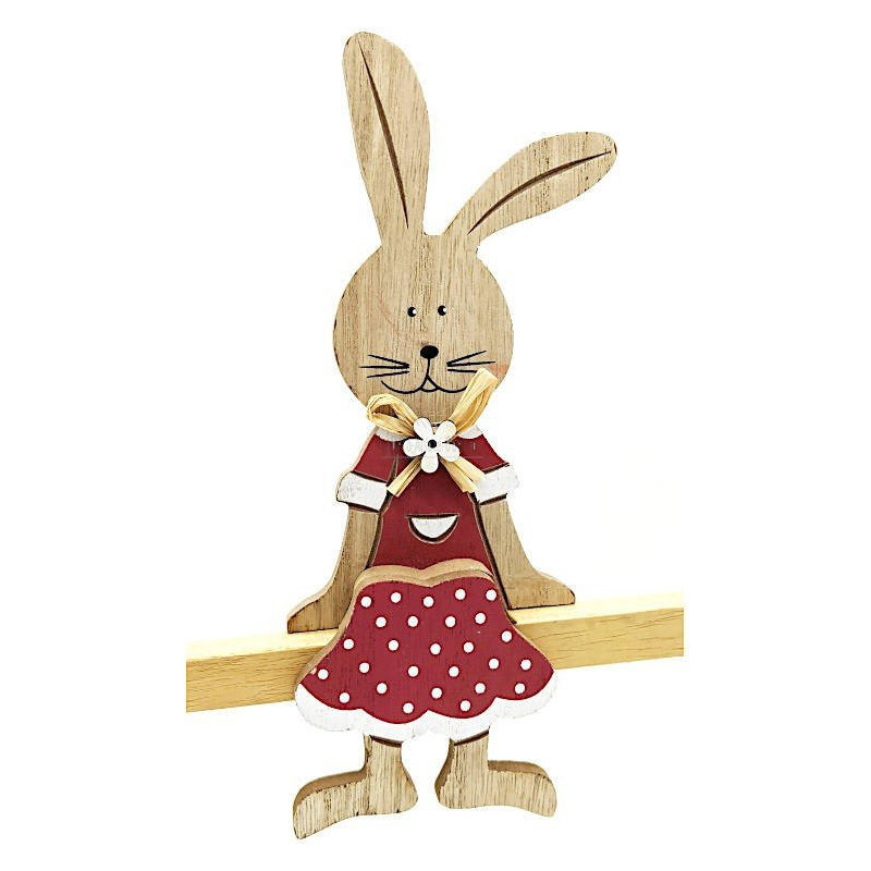 Lapin assis en Bois avec Noeud de Rafia et Fleur décorative