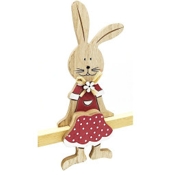 Lapin assis en Bois avec Noeud de Rafia et Fleur décorative