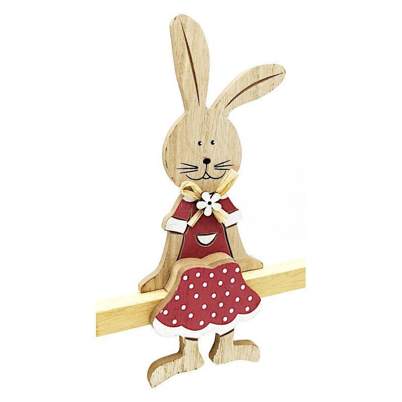 Lapin assis en Bois avec Noeud de Rafia et Fleur décorative