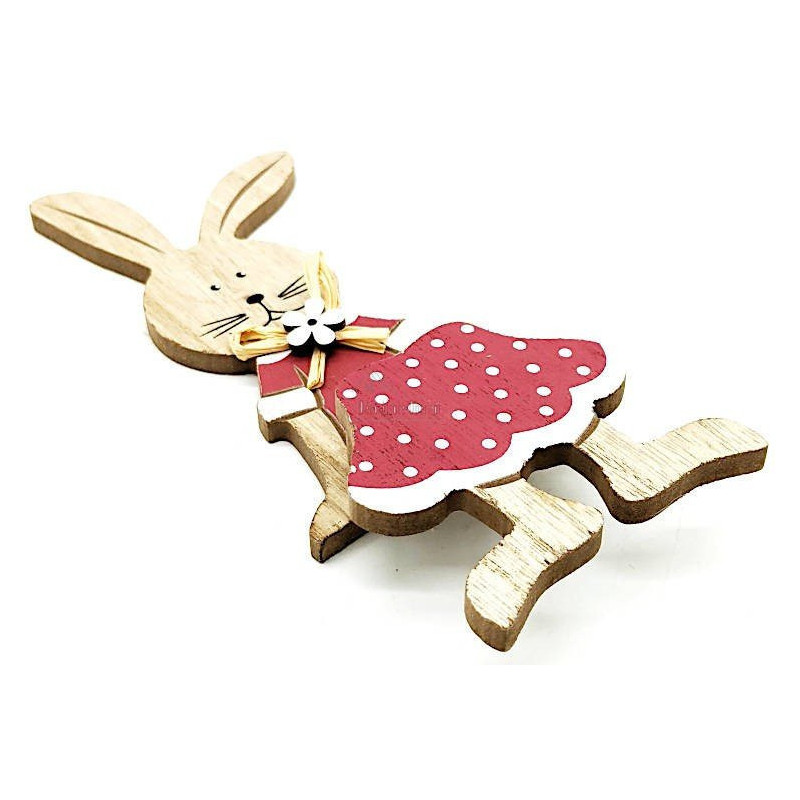 Lapin assis en Bois avec Noeud de Rafia et Fleur décorative