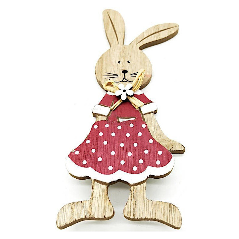 Lapin assis en Bois avec Noeud de Rafia et Fleur décorative