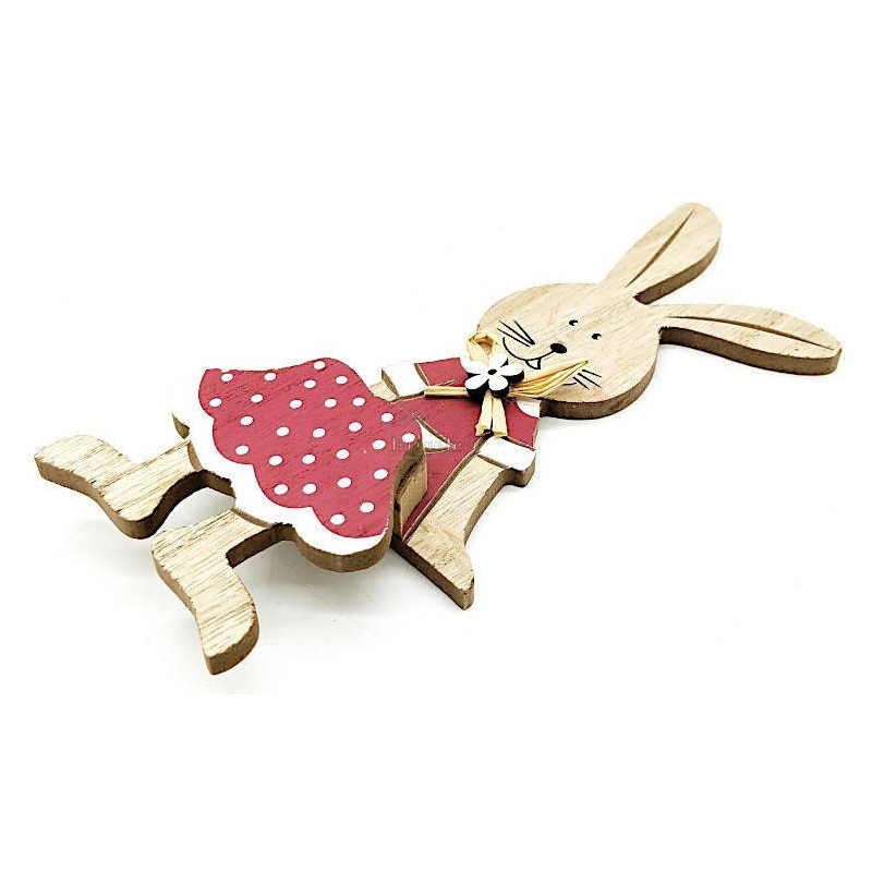 Lapin assis en Bois avec Noeud de Rafia et Fleur décorative
