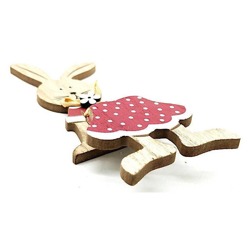 Lapin assis en Bois avec Noeud de Rafia et Fleur décorative