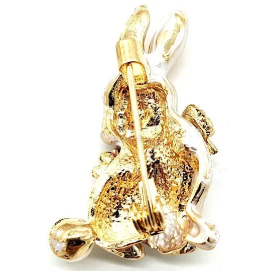 Goudkleurige Fantasiebroche Konijn in reliëf met Strass en Bloemen