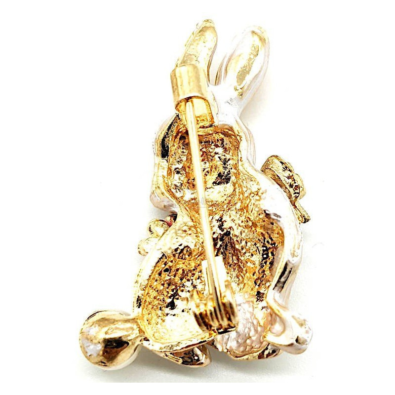Goldfarbene Fantasie-Brosche Kaninchen mit Strass und Blumenrelief