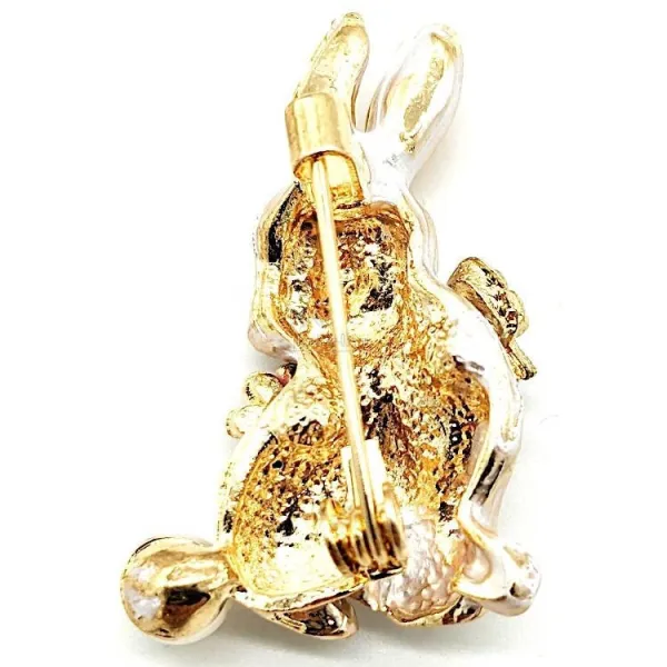 Broche Fantaisie dorée Lapin en relief Strass et Fleurs